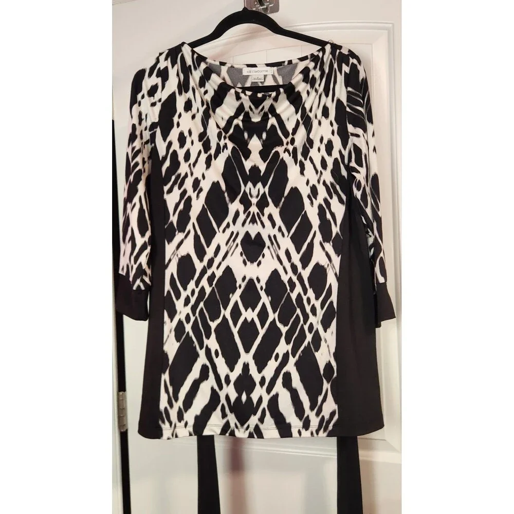 Liz Claiborne Women's Size M Black White Long Sleeve Belted Tunic Blouse Top